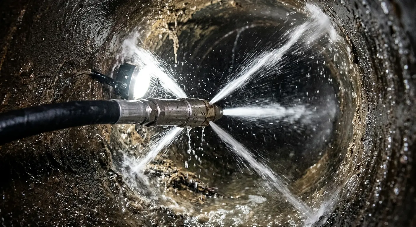 High-pressure hydro jetting nozzle cleaning sewer pipe for Sewer Line Relining in Hanson