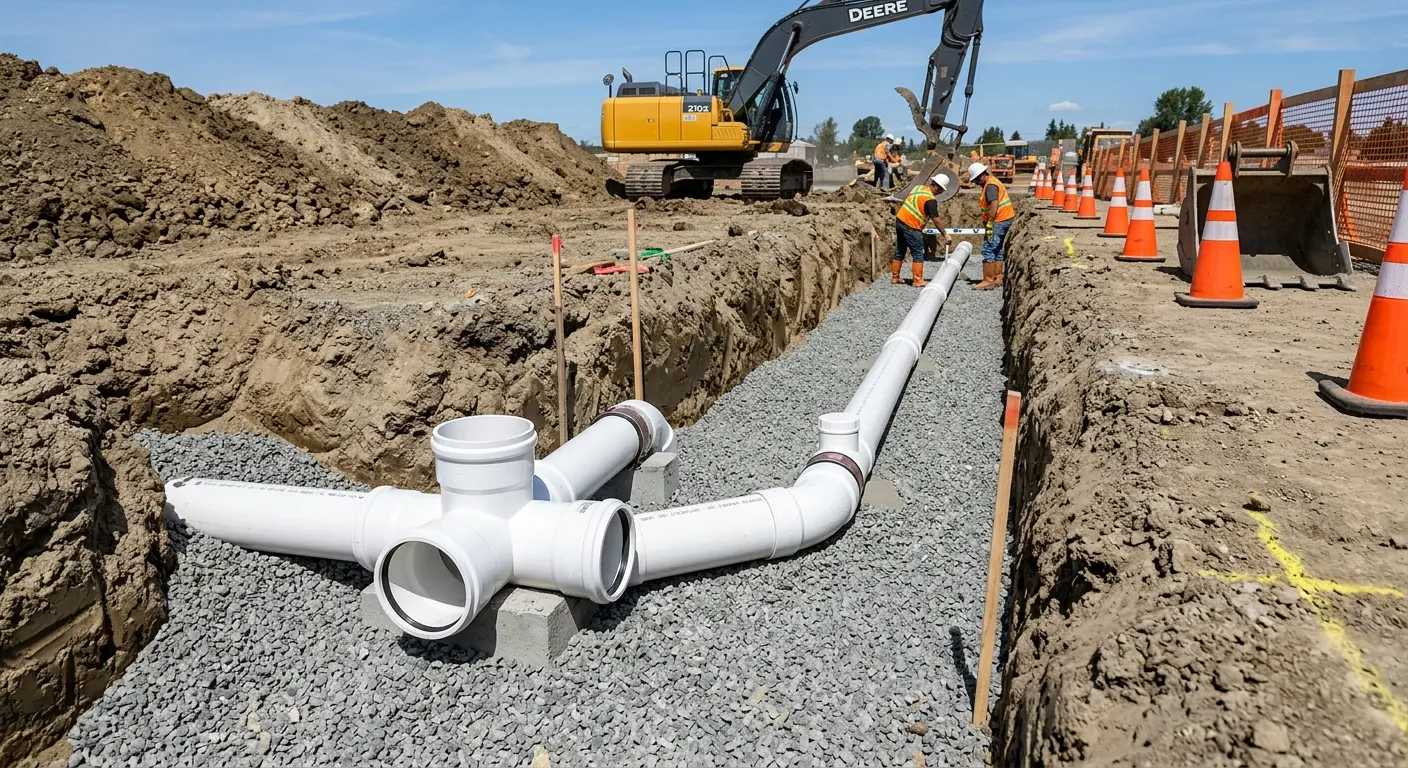 New PVC sewer pipe installation in open trench for Commercial Drain Cleaning in Hanson