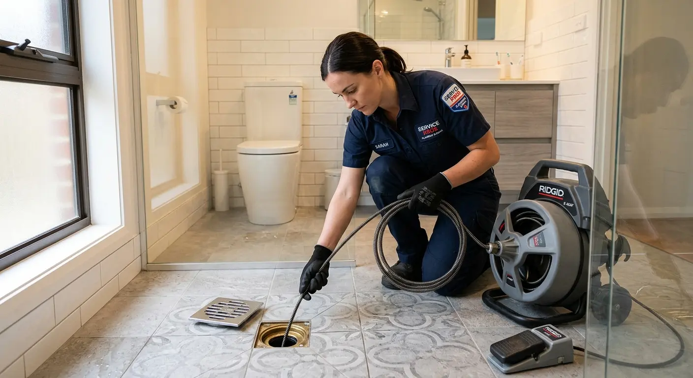 Technician clearing a bathroom floor drain for Hydro Jetting in Hanson